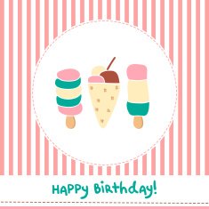 Greeting card with cute ice creams on striped background N2