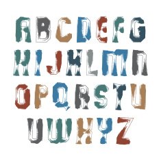 Uppercase calligraphic letters drawn with ink brush colorful