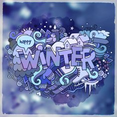 Winter hand lettering and doodles elements blurred background