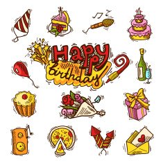 Birthday sketch color icon set
