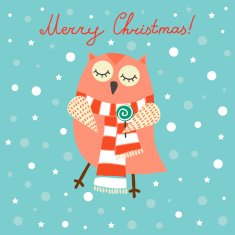 Vintage Christmas illustration with cute owl scarf and lollipop