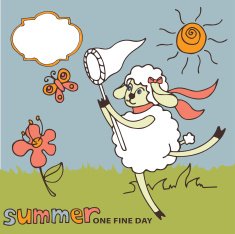Cute sheep catches butterflies Summer doodle N2