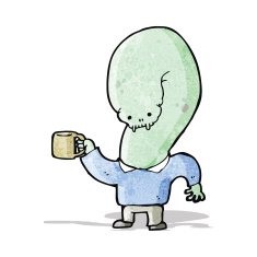 cartoon mutant monster with cup of coffee