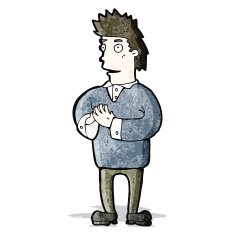 cartoon man pressing fingertips together