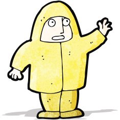 cartoon man in raincoat waving