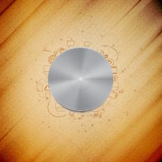 Metal power button with other doodle design elements wooden background
