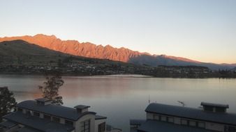 mountains and lake at sunset, new zealand, queenstown