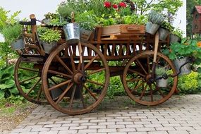 decorative wooden wagon with shiny buckets in a garden