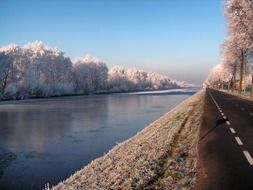 winter landscape of a road along a river in the Netherlands