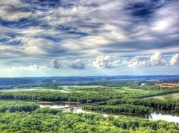 Beautiful landscape of long river with colorful plants in Wyalusing, Wisconsin in USA