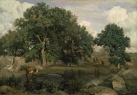 jean corot painting, country landscape with cattle at pond