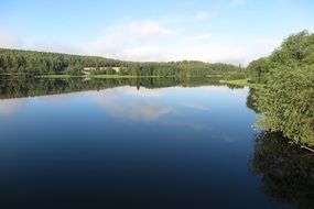 blue sky is mirrored in a lake in Sweden