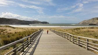 man walks on a wooden bridge to the beach