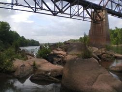 railroad bridge over rocky river bed