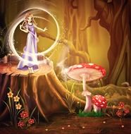 picture of the magical transformations with the girl among the forest with mushrooms