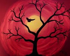 bird above a tree at crimson sunset as a graphic illustration