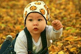 little baby is lying on fallen leaves in autumn