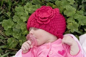 newborn in pink hat lie on the grow