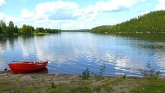 red boat at lake, sweden, saxen