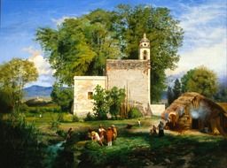People near the church among the plants on the beautiful canvas of Louis Coto