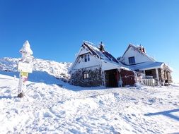 Landscape of Houses and hiking trails in winter mountains