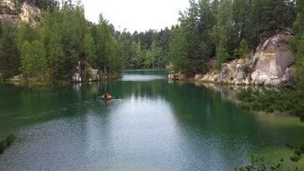 panoramic view of a green lake in an idyllic landscape