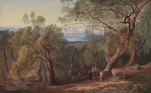 Beautiful landscape with green trees on canvas of Edward Lear