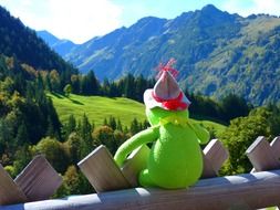 Kermit sits on a fence in the background of mountains