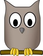 drawing of a gray owl on a branch on a white background