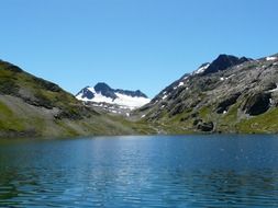 mountain lake among a glacier in the Alps