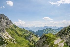 landscape of Alpine mountains with green grass