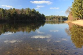 clouds, sky and forest reflections in lake, landscape