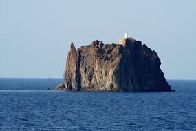 Church on beautiful Stromboli volcano in sea in Italy
