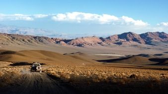 landscape of the truck on the road in the desert in chile