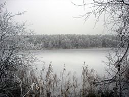 frozen river in poland on a cloudy day