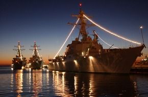 Ships in California harbor at night