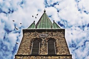 raven birds at sky above old steeple