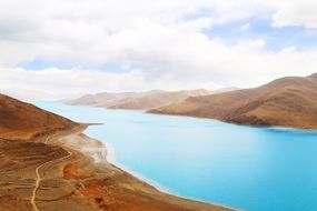 panorama of the lake Yamdrok in the mountains of Tibet