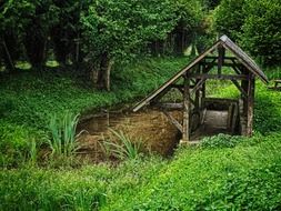 wooden bench near a stream in the forest