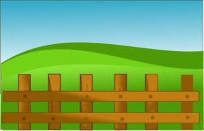 wooden fence in front of green hills, drawing