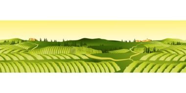 painted village with green arable fields