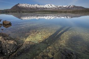 snow mountains reflection in calm water landscape