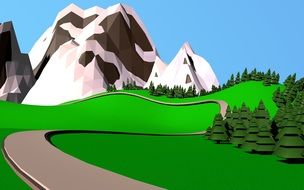 curved road in scenic mountain landscape, drawing