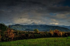 forest landscape on the background of mountains under a stormy sky