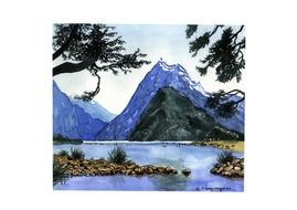 painted landscape with mountain and river views