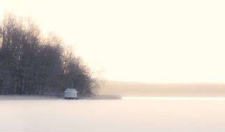 Small cottage near the forest in frosty weather