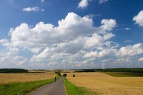 person walking away on soil road through harvested fields