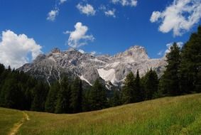 green valley, dense forest and gray mountains in South Tyrol, Italy