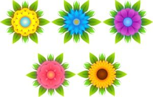 five colorful fantasy flowers, drawing