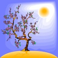 drawing of the sun over a flowering tree